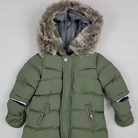 Tartine et Chocolat Baby Khaki Green Hooded Bunting Puffy Snowsuit Faux Fur 3M - Picture 4 of 16